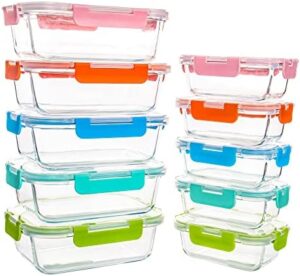 YARYOUNG 10 Pack Glass Food Storage Containers, Glass Meal Prep Containers with Lids Leak Proof, BPA Free Glass Bento Boxes for Adults, Microwave & Freezer Safe (34oz & 12oz)