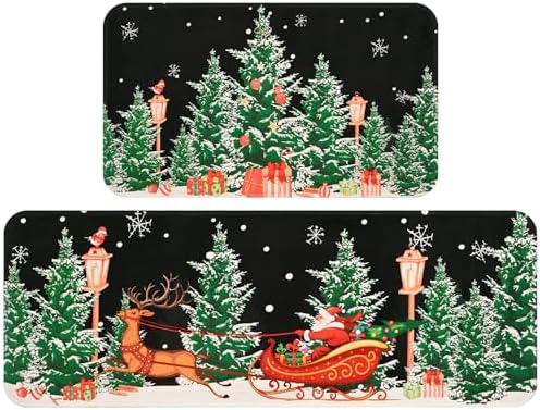 Yinhua Christmas Kitchen Mat and Rugs Set of 2, Kitchen Rugs Non Slip Washable, Xmas Trees Moose Sleigh Gift Absorbent Mats with 8 PCS Anti Slip Stickers, Christmas Holiday Decor Gift