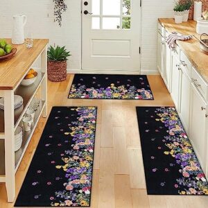 Yinhua Flower Kitchen Mats for Floor 3 Piece Set, Kitchen Rugs and Mats Non Skid Washable, Kitchen Floor Mat with Rubber Backing, Door Mat in Door, Runner Rug for Laundry Room Hallway Entrance