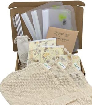 ZERO WASTE KIT - 17 PCS Eco Friendly Gift Set with Zero Waste Sustainable Products for the Home & Kitchen. Includes Reusable Products, Food Storage Bags, Beeswax Wraps, Mesh Produce Bags, and Straws. Great gifts for women.