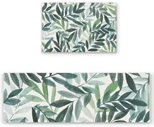 Z&L Home Watercolor Fresh Green Leaves Kitchen Rug Sets 2 Piece Floor Mat Non-Slip Rubber Backing Area Runners Door Mats, Natural Plant Indoor Washable Carpet