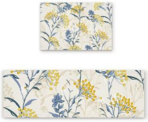 Zadaling 2Piece Kitchen Rugs Set Vintage Floral Plant Summer Flowers Yellow Blue Absorbent Kitchen Floor Mats for Sink,Washable Kitchen Area Rugs Non Slip Doormat Pad Carpet 16"x24"+16"x47"