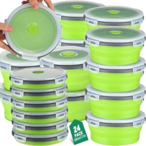 Ziliny 24 Pack 27oz Silicone Collapsible Bowl Food Storage Containers Christmas Surprise Gift Round Airtight Bowl Dishwasher Freezer Microwave Safe Bowls with Lids(Gray Edged Green)