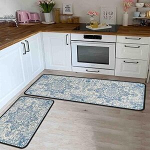 boilopp home Kitchen Rugs Set of 2- Vintage Country Blue Boho Non-Slip Washable Floor Mats - Comfort Sink and Laundry Room Runner - Boho Kitchen Accessories and Decor 17x47.2 and 17x30 inches