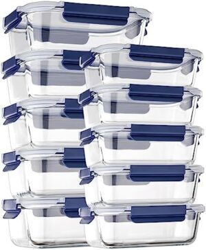 coccot Glass Food Storage Containers with Lids Airtight, [10 Pack] Glass Meal Prep Containers, Glass Storage Container Set with Bpa-free Lid for Food, Glass Lunch Bento Box