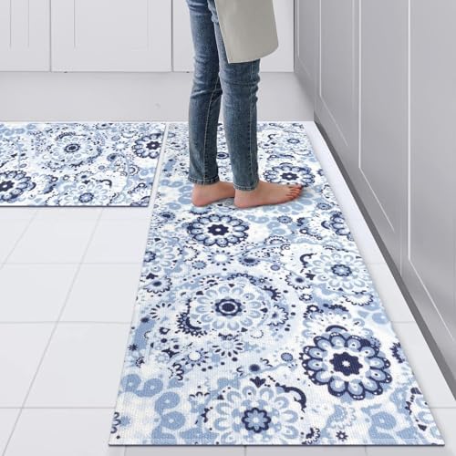 comfoyar Kitchen Mat Set of 2, Non-Slip Machine Washable Kitchen Rug Mats, Absorbent Kitchen Runner Rugs Set for Floor, Sink, Laundry, Hallway, Living Room and Office, 16"x47"+16"x24", Flowers