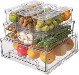 damynuo 10Pack Fridge Organizer Bins, Clear Refrigerator Organizing Containers with Refrigerator Drawers and Lids, Stackable Food and Fruit Storage Containers for Fridge Organizers and Storage