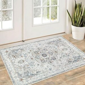 famibay 2x3 Washable Rug, Vintage Entryway Rug Indoor Non Slip Throw Rugs with Rubber Backing Soft Wool Low Pile Small Area Rugs for Bedroom Entryway Kitchen Bathroom(Gray Blue)