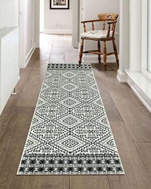 famibay Boho Runner Rug for Hallway 2x6 ft Washable Runner Rug with Rubber Backing Non Slip Rug Runners Soft Fluffy Printed Carpet Floor Runners for Hallway Entryway Bathroom Kitchen(Black and Beige)