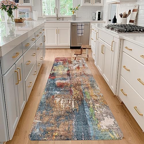 famibay Hallway Runner Rug 2’x6’ Modern Abstract Runner Rugs with Rubber Backing Washable Kitchen Runner Rug Non Slip Low Pile Soft Floor Runners for Hallway Entryway Bathroom Bedroom(Red/Multi)