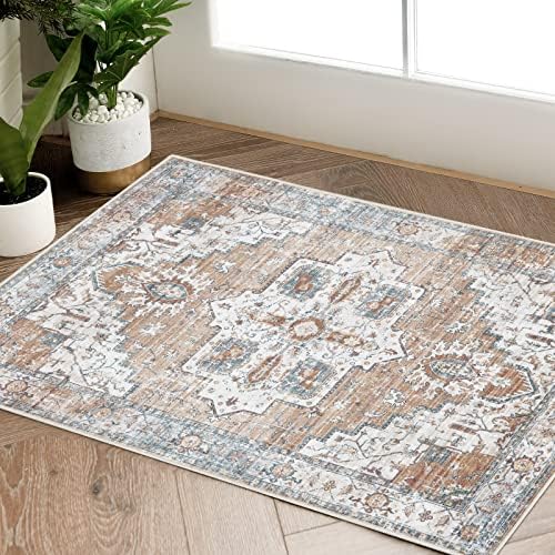 jinchan Area Rug 2x3 Entryway Bohemian Non-Slip Washable Indoor Door Mat, Small Oriental Floral Print Accent Rug for Bedroom Kitchen Bathroom Dining Room Orange