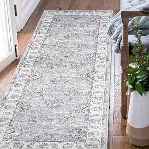 jinchan Kitchen Runner Rug 2x6 Vintage Rug Hallway Washable Runner Rug Floral Print Floor Cover Indoor Thin Rug Retro Mat Accent Rug Bathroom Laundry Room Bedroom Office Farmhouse Grey