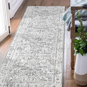 jinchan Runner Rug 2x10,Hallway Rug Kitchen Rug Washable Rug Floral Runner Non Slip with Rubber Backing Soft Thin Vintage Carpet Runner for Bedroom Bathroom Laundry Room Living Room Decor Grey