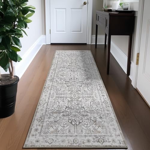 jinchan Runner Rug 2x10,Hallway Rug Kitchen Washable Rug Floral Runner Non Slip with Rubber Backing Soft Thin Vintage Carpet Runner for Bedroom Bathroom Laundry Room Living Room Decor Taupe