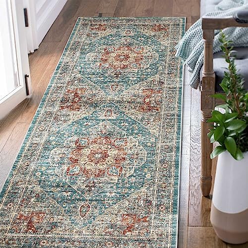 jinchan Runner Rug 2x5 Washable Hallway Rug Indoor Rug Non Slip Blue Brown Vintage Laundry Room Rug Print Retro Distressed Carpet Soft Thin Rug Accent Rug for Bedroom Kitchen