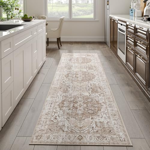 jinchan Runner Rug 2x6 Washable Rug Hallway Rug Vintage Rug Traditional Area Rug for Kitchen Floor Cover Thin Rug Taupe Multi Distressed Floral Indoor Mat for Bathroom Bedroom Living Room