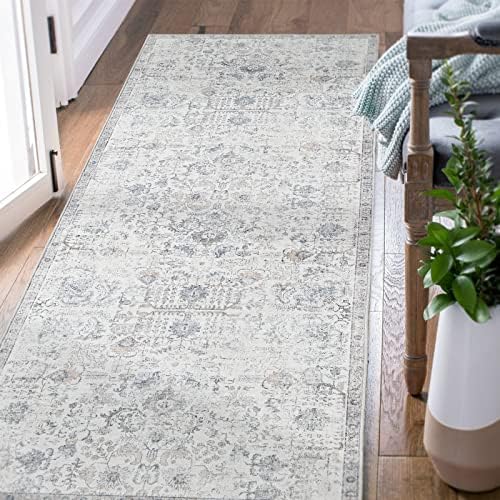 jinchan Runner Rug 2x7 Washable Rug Area Rug Vintage Hallway Indoor Floor Mat Thin Rug Retro Distressed Carpet Grey Floral Country Accent Rug Non Slip Bathroom Kitchen Bedroom Living Room