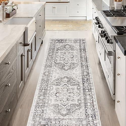 jinchan Runner Rug 2x8 Soft Non Slip Greige Vintage Kitchen Runner Rug Washable, Indoor Entrance Mat Long Throw Carpet Runner for Hallway Floor Kitchen Laundry Room Bedroom Bathroom