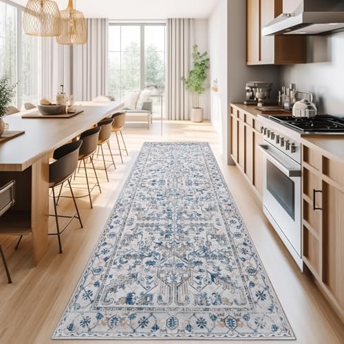 jinchan Runner Rug 3x8,Hallway Rug Kitchen Rug Washable Rug Floral Runner Non Slip with Rubber Backing Soft Thin Vintage Carpet Runner for Bedroom Bathroom Laundry Room Living Room Decor Blue