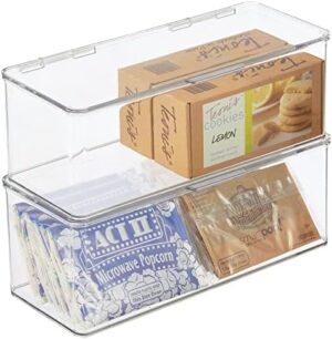 mDesign Plastic Kitchen Pantry and Fridge Storage Organizer Box Containers with Hinged Lid for Shelves or Cabinets, Holds Food, Snacks, Canned Drinks, Seasoning, Condiments, or Utensils, 2 Pack, Clear