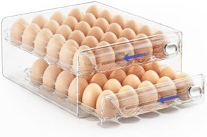 shopwithgreen Egg Container for Refrigerator, 60 Grids Egg Holder with Time Scale, Stackable Egg Storage Container for Fridge, 2 Layers Egg Trays, Egg Fresh Storage Box Egg Organizer Bins, BPA Free