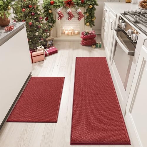 slok 2PCS Kitchen Rugs, Kitchen Mat, 47 Inches Cushioned Anti-Fatigue Kitchen Rug, Kitchen Mats for Floor, Non-Slip Kitchen Rugs Sets of 2, Waterproof Kitchen Mat 17.3"×30"+17.3"×47",Red