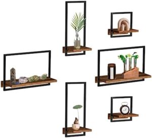 takor 6 Sets Rustic Floating Shelves,Wooden Storage Shelf with Metal Frame, Wall-Mounted Wood Display, Wall Hanging Decor, Home Decor for Living Room, Bedroom, Kitchen, Office