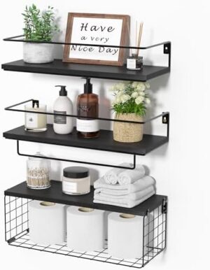 upsimples Bathroom Shelves with Storage Basket, Wall Shelves Over Toilet with Towel Bar and Paper Holder, Farmhouse Wood Floating Shelf for Bedroom, Living Room, Kitchen, Office Decor, Black Set of 3