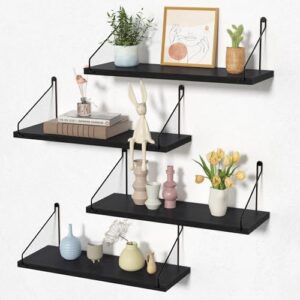 upsimples Black Floating Shelves Set of 4, Modern Wood Wall Shelves for Decor, Hanging Shelf with Black Metal Brackets, Wall Storage Shelves for Living Room, Bedroom, Kitchen, Bathroom