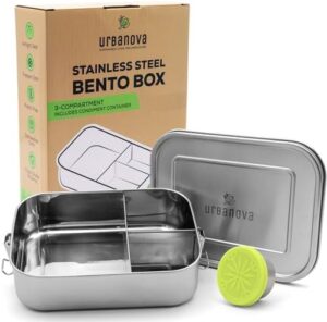 urbanova 304 Stainless Steel Bento Box for Adults (47oz) - Lunch Box Containers with 3 Compartments, Condiment Container & Seal Locks for Work Food Storage - Metal Lunch Box for Adults, Men, Women