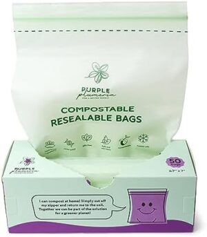 100% Compostable Zip Bag – Quart size - Resealable Bags – Eco Friendly Freezer Safe - Extra Strength Strong Food Storage Bags – Plant-Based Reusable – (Pack of 50) (Quart)