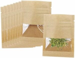 100 Pack Clear Window Airtight Brown Kraft Paper for Zip Food Storage Lock Small Bags Reclosable Seal Zipper Resealable Heat Seal Pouch Coffee Packaging Sample Bags for Small Business 2.7x3.5"