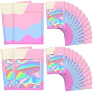 100 Pieces Resealable Bags with Clear Window, Holographic Multicolored Packaging Bags Transparent Small Business Party Mylar Ziplock Bags 3.5 Inch Sample Bags