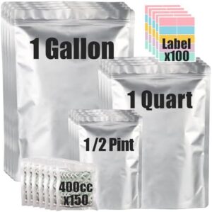 100pcs Mylar Bags for Food Storage with 150 Oxygen Absorbers & Labels, 10 Mil Thick 3 Sizes (1 Gallon, 1 Quart, 1/2 Pint) - Stand-Up, Resealable & Heat Sealable for Long Term Food Storage