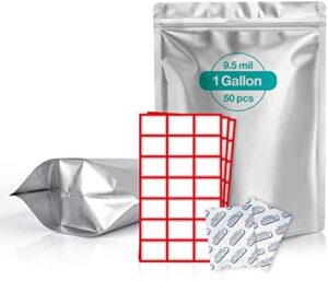 BELLE KR® 50 Pcs 1 Gallon Mylar Bags for Food Storage - 9.5 mil, 500cc Oxygen Absorber 50 Pcs, 10x14 inches Stand-Up Resealable Mylar Bag with Labels