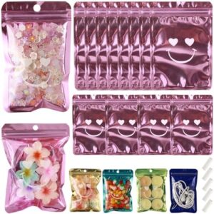 200-Pack Resealable Small Mylar Bags for Food Storage 4.1" x 5.9" Ziplock Mini Pouch Bag with Smiling Face Reclosable Smell Proof Bag with Clear Window Edible Packaging Bag for Small Business, Pink