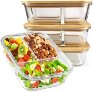 3-Compartment Glass Food Storage Containers with Lids for Lunch Storage, Glass Bento Box Set with Airtight Bamboo Lids - Great Mel Prep Containers for Lunch & Portion Control, 3 Pack, 31.5oz