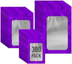 300 Pack 3 Size Mylar Packaging Bags with Front Window, Zipper Bags Resealable Bags Smell Proof Bags Foil Bags for Jewelry, Sample, Food Storage(Purple,3x4.7,4x6,4.7x7.9in)