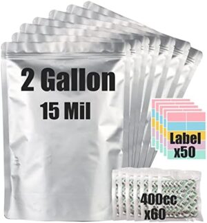 30pcs 2 Gallon Mylar Bags for Food Storage (15 Mil Extra Thick) with Oxygen Absorbers 400CC (60 pcs), Stand-Up Zipper Pouches Resealable and Heat Sealable Bags for Long Term Food Storage(13"x17")