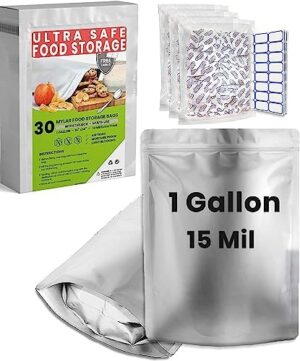 30pcs Mylar Bags for Food Storage - Extra Thick 14.8 Mil - 1 Gallon with Oxygen Absorbers 400cc- Ziplock Resealable Bolsas con absorbentes