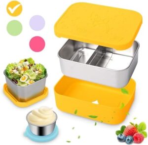 3Pack Stainless Steel Bento Box Set, 850ML Leak Proof Lunch Box Container Divided Food Storage Boxes with Silicone Lid and Protective Sleeve,with Condiment Sauce Cup and Snack Containers Set-Yellow