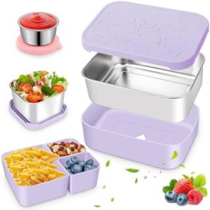 3Pack Stainless Steel Lunch Bento Box Set, 28.7OZ Leakproof Metal Lunch Boxes Divided Food Storage Meal Prep Containers with Silicone Lid, 3 Silicone Divider with Snack Containers and Sauce Cup-Purple