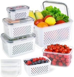 5 PCS Fruit Storage Containers for Fridge - Fruit Containers for Refrigerator with Removable Colander - Airtight Food Storage Container Keep Produce Vegetables Berry Fresh Longer