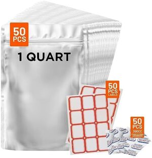 50pc- 1 Quart Mylar Bags for Long Term Food Storage - 10 Mil Thick - 300 CC Oxygen Absorbers & Labels Included - Reusable Ziploc/Resealable/Stand-up Pouches for freezer and pantry storage.