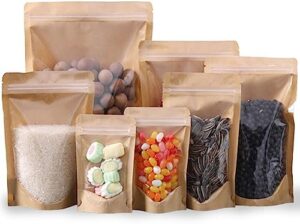 50pcs Kraft Bags With Window Clear Fornt Pouches Resealable Stand Up Zip Lock Food Storage Bags Brown 5.5"x7.8"