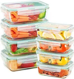 [8-Pack] Glass Food Storage Containers with Lids (Air Valve)- Glass Meal-Prep Containers for Pantry & Kitchen Organization, Freezer-to-Oven-Safe Airtight Glass Bento Boxes, BPA Free & Leak Proof