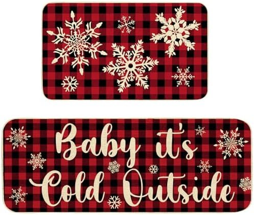 AnyDesign 2Pcs Christmas Kitchen Mats Red Black Plaid Xmas Winter Non-Slip Floor Mat Baby It's Cold Outside Decorative Laundry Room Runner Rug for Home Decor