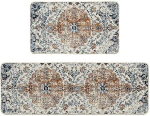 Artoid Mode Blue Flowers Bohemia Kitchen Mats Set of 2, Daily Boho Home Decor Low-Profile Kitchen Rugs for Floor - 17x29 and 17x47 Inch