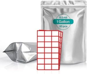 BELLE KR® 50 Pcs 1 Gallon Mylar Bags for Food Storage - 9.5 mil - 10x14 inches Self-Stand-up Mylar Ziplock Bags with Label Stickers - Resealable Bags for Packaging