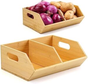 BYOA Official 2 Set Stackable Bamboo Storage Bins, Pantry Organizers and Storage, Kitchen Countertop Organization and Storage Basket for Produce, Onions, Potatoes, Garlic, Fruits, Vegetable and Bread